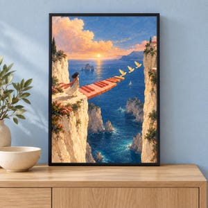 May include: A framed wall art print depicting a person in a white dress standing on a cliff edge, looking out over a blue ocean at sunset. A piano keyboard bridge extends from the cliff toward another rocky formation, with three white birds flying.
