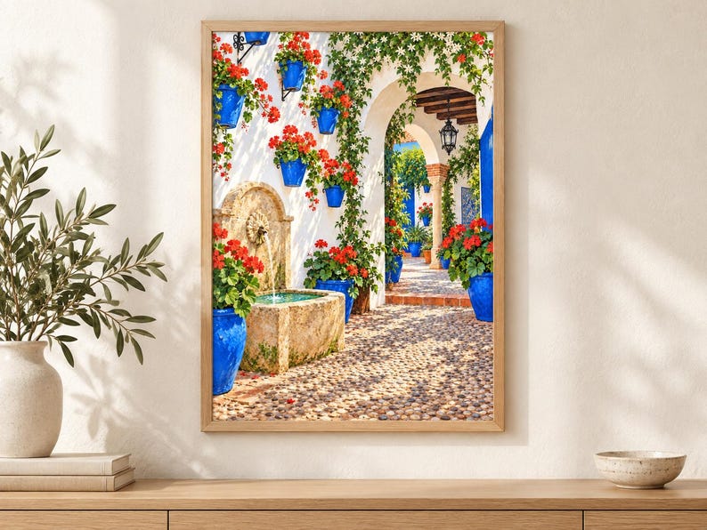 May include: A framed wall art print depicting a Mediterranean courtyard scene with a stone fountain, vibrant red geraniums in bright blue pots, climbing green vines on white walls, and a cobblestone path leading through a stone archway.