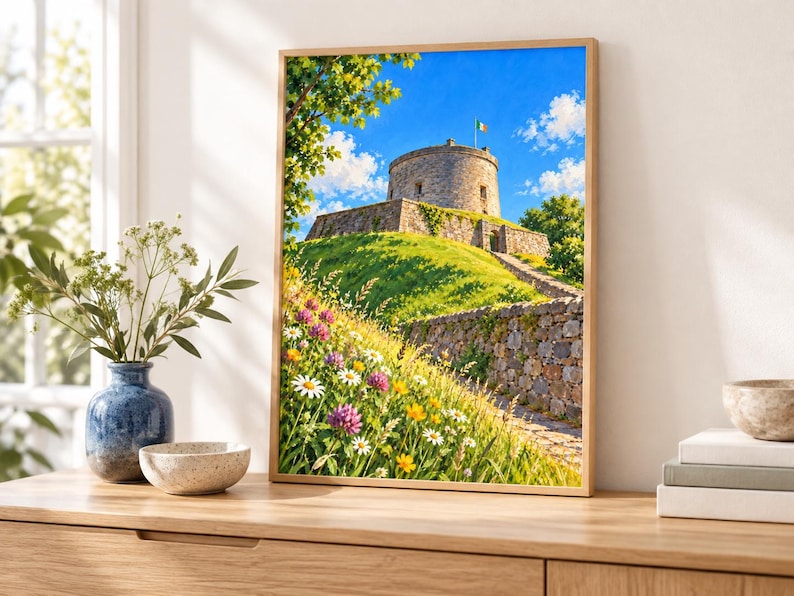 Puede incluir: Una impresi&oacute;n de arte mural enmarcada que representa una torre de piedra sobre una colina cubierta de hierba bajo un cielo azul brillante. El primer plano presenta un prado vibrante lleno de margaritas blancas, flores amarillas y tr&eacute;boles.