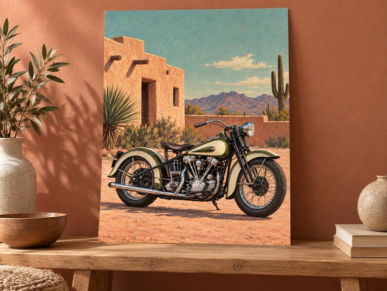 K&ouml;nnte beinhalten: Ein Oldtimer-Motorrad mit einer cremefarbenen und olivgr&uuml;nen Lackierung, das auf einer staubigen W&uuml;stenlandschaft steht. Im Hintergrund sind ein beiges Adobe-Geb&auml;ude, ein hoher Saguaro-Kaktus und ferne Berge unter einem hellblauen Himmel zu sehen.