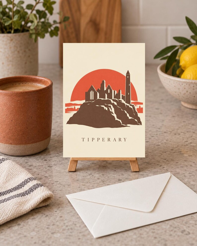May include: A rectangular greeting card featuring a graphic illustration of the Rock of Cashel in Tipperary, Ireland. The design displays a brown stone castle silhouette against a large orange sun on a cream background, with the word TIPPERARY below.