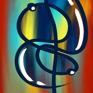 Pu&ograve; includere: Un dipinto digitale caratterizzato da una linea continua blu scuro che forma una figura astratta e annodata con riflessi bianchi. Lo sfondo &egrave; composto da tratti verticali sfumati di rosso, arancione, giallo e verde acqua, creando un gradiente vibrante.