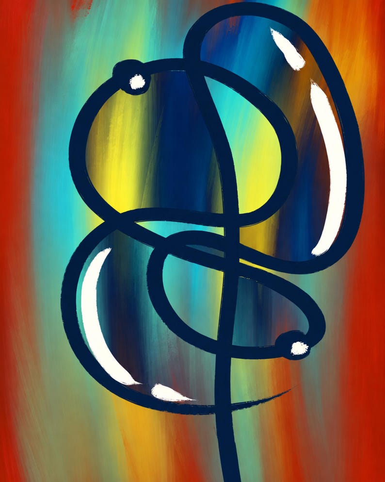 Pu&ograve; includere: Un dipinto digitale caratterizzato da una linea continua blu scuro che forma una figura astratta e annodata con riflessi bianchi. Lo sfondo &egrave; composto da tratti verticali sfumati di rosso, arancione, giallo e verde acqua, creando un gradiente vibrante.