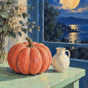 Pode incluir: Uma pintura a &oacute;leo retratando uma grande ab&oacute;bora laranja e um pequeno jarro de cer&acirc;mica cor de creme sobre uma mesa verde clara. Um vaso de vidro com flores brancas est&aacute; pr&oacute;ximo, com vista para uma lua cheia sobre um mar azul escuro.
