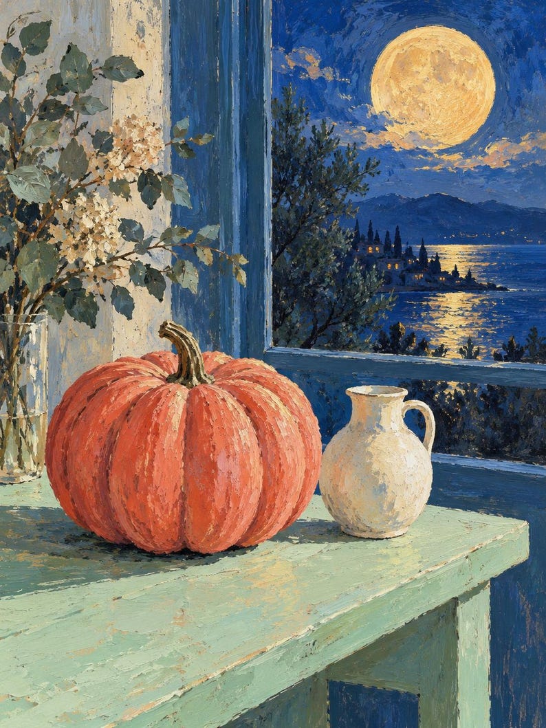 Pode incluir: Uma pintura a &oacute;leo retratando uma grande ab&oacute;bora laranja e um pequeno jarro de cer&acirc;mica cor de creme sobre uma mesa verde clara. Um vaso de vidro com flores brancas est&aacute; pr&oacute;ximo, com vista para uma lua cheia sobre um mar azul escuro.