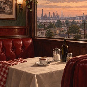 May include: A restaurant booth with red tufted vinyl seating, a white tablecloth, and a red-and-white chequered napkin. On the table sits a coffee cup, a sugar dispenser, an oil cruet, and a shaker. The text "The Sopranos 1999" appears below.