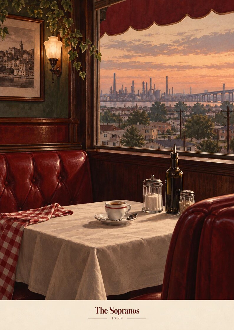 May include: A restaurant booth with red tufted vinyl seating, a white tablecloth, and a red-and-white chequered napkin. On the table sits a coffee cup, a sugar dispenser, an oil cruet, and a shaker. The text "The Sopranos 1999" appears below.