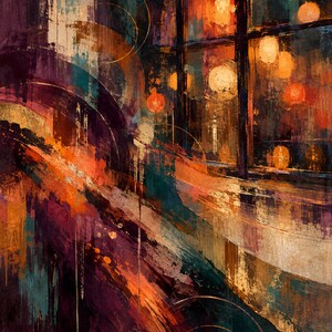 May include: An abstract painting featuring bold, sweeping brushstrokes in deep purple, dark teal, and vibrant orange. The composition includes thin, circular gold lines and a grid-like structure on the right side with glowing, warm light orbs.