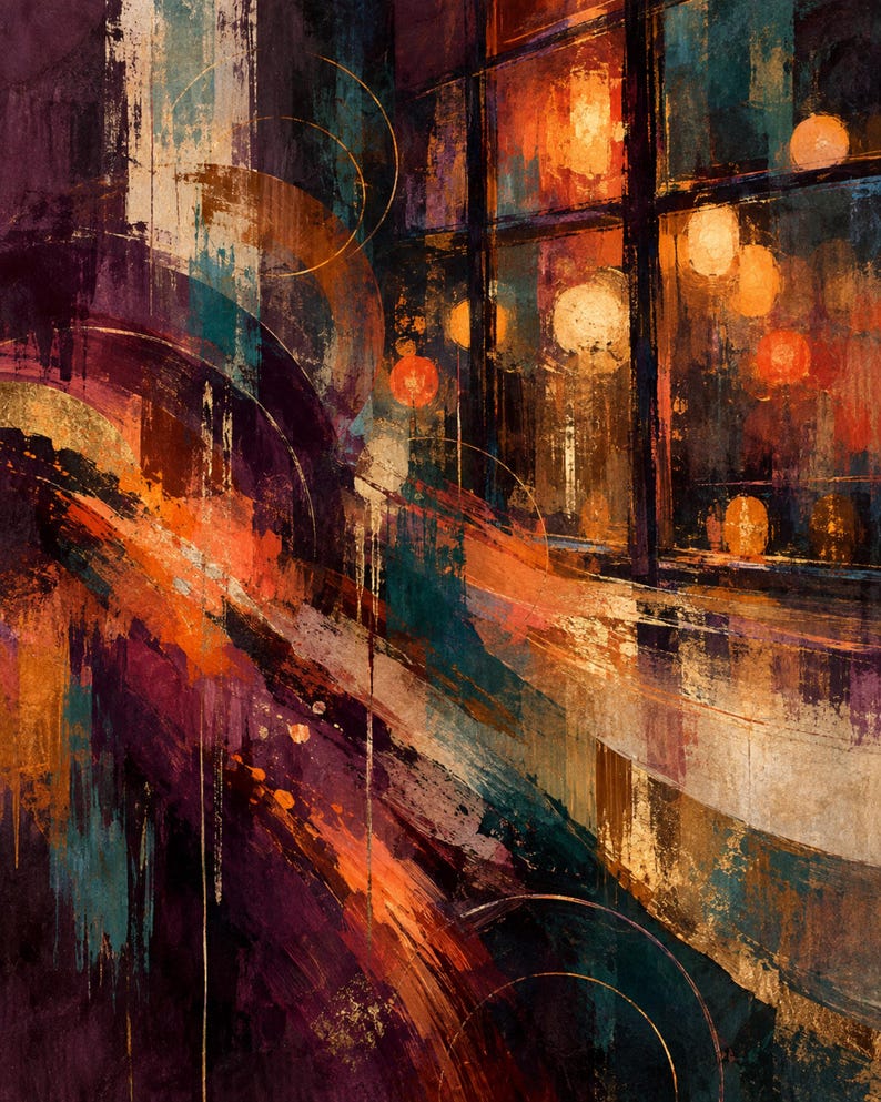 May include: An abstract painting featuring bold, sweeping brushstrokes in deep purple, dark teal, and vibrant orange. The composition includes thin, circular gold lines and a grid-like structure on the right side with glowing, warm light orbs.