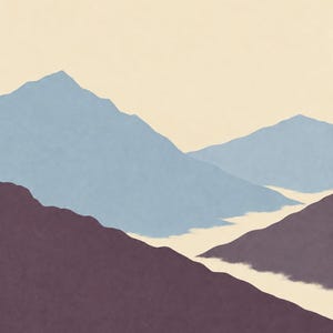 May include: A wall art print featuring a stylized mountain landscape with layered peaks in shades of muted blue and deep purple against a pale cream background. The text COOLEY STILLNESS is printed in dark letters at the bottom of the composition.