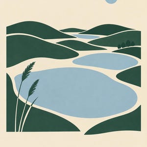 May include: A graphic art print featuring a landscape of rolling dark green hills and light blue lakes under a pale blue sun. Two tall blades of grass are visible in the foreground on the left. The word CAVAN is printed in dark green at the bottom.
