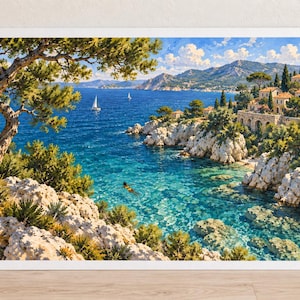 May include: A landscape painting depicting a Mediterranean coastal scene with a person swimming in clear turquoise water, rocky cliffs, green pine trees, and a small village with stone buildings nestled on the hillside under a bright blue sky.