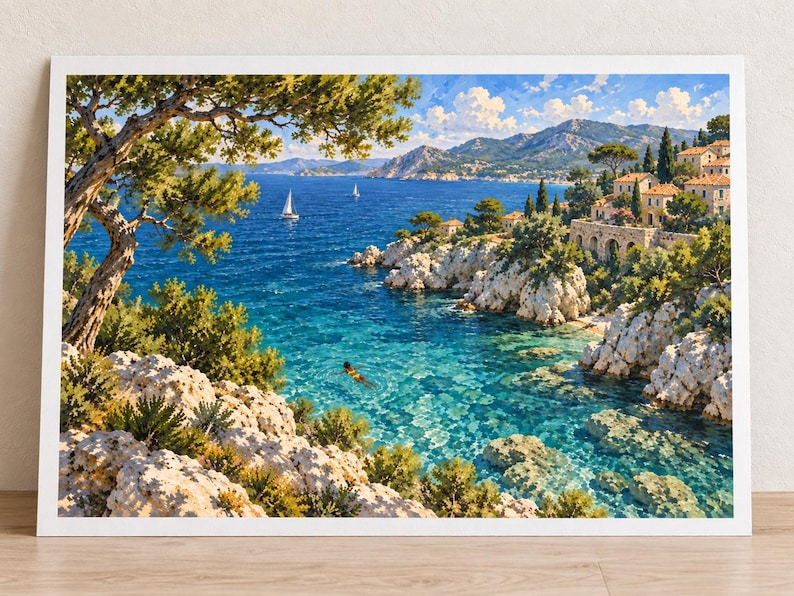 May include: A landscape painting depicting a Mediterranean coastal scene with a person swimming in clear turquoise water, rocky cliffs, green pine trees, and a small village with stone buildings nestled on the hillside under a bright blue sky.