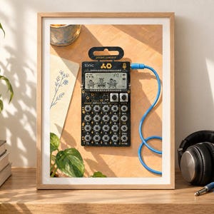 May include: A black Teenage Engineering PO-32 Tonic pocket operator synthesizer featuring a monochrome LCD screen with animated graphics, sixteen silver rotary knobs, and a blue audio cable plugged into the top right side of the device.