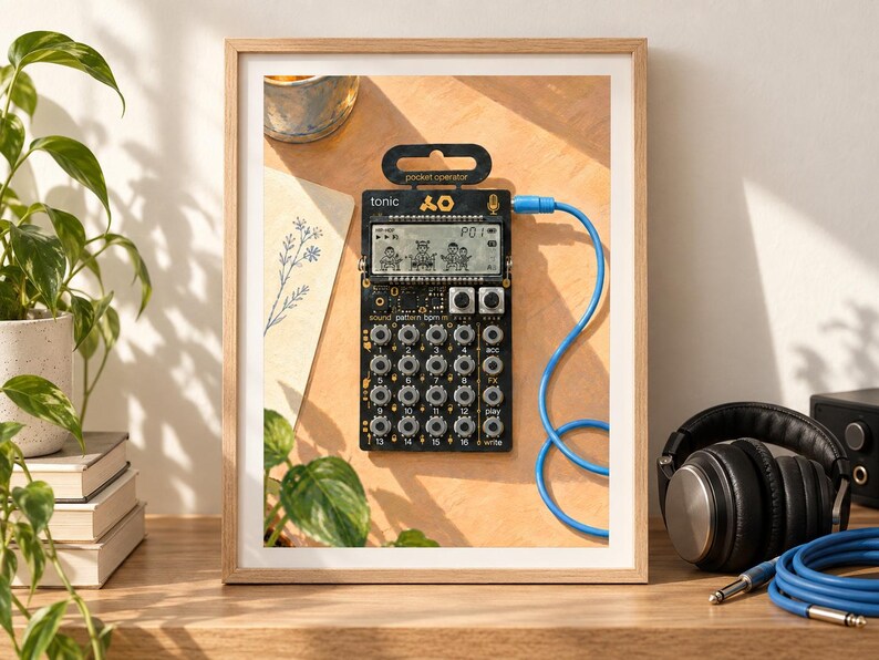 May include: A black Teenage Engineering PO-32 Tonic pocket operator synthesizer featuring a monochrome LCD screen with animated graphics, sixteen silver rotary knobs, and a blue audio cable plugged into the top right side of the device.