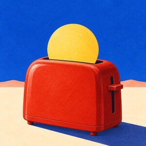 May include: A bright red toaster with a large, solid yellow circle emerging from the top slot. The toaster features a side lever and four small feet, set against a vibrant blue sky and a pale, flat landscape with a long, dark blue shadow.