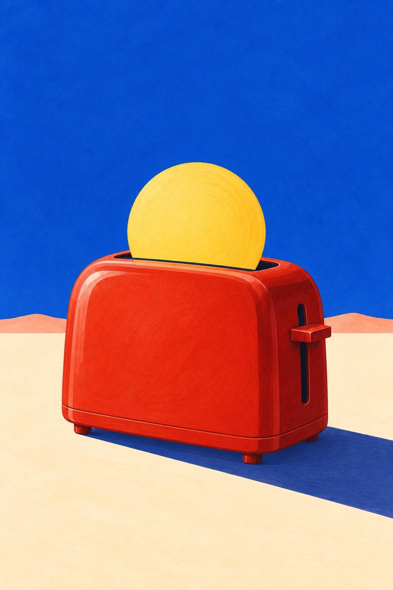 May include: A bright red toaster with a large, solid yellow circle emerging from the top slot. The toaster features a side lever and four small feet, set against a vibrant blue sky and a pale, flat landscape with a long, dark blue shadow.