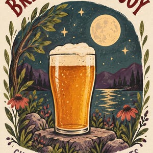 May include: A graphic illustration featuring a glass of golden beer with foam, set on a stone against a night landscape with a full moon, mountains, and lake. The text reads BREW A LITTLE JOY at the top and CHEERS TO SMALL MOMENTS at the bottom.