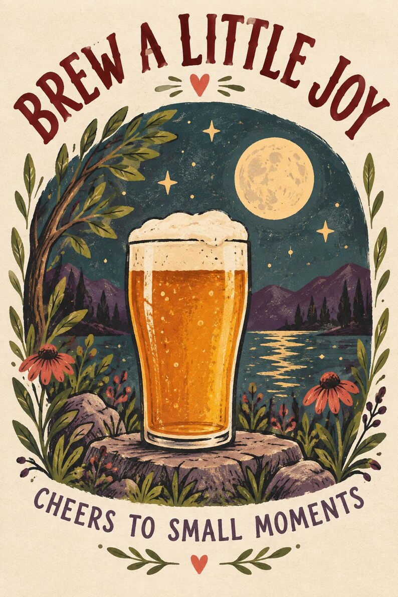 May include: A graphic illustration featuring a glass of golden beer with foam, set on a stone against a night landscape with a full moon, mountains, and lake. The text reads BREW A LITTLE JOY at the top and CHEERS TO SMALL MOMENTS at the bottom.
