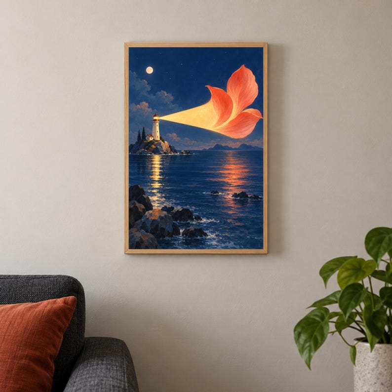 May include: A framed wall art print depicting a lighthouse on a rocky island at night. The lighthouse emits a bright, glowing orange beam of light that takes the shape of a large flower petal. A full moon shines in the dark blue night sky above.
