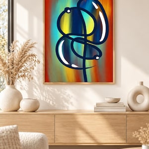 Pu&ograve; includere: Un'opera d'arte da parete incorniciata che presenta un disegno a linea continua blu scuro che forma una figura astratta simile a un palloncino. Lo sfondo &egrave; composto da pennellate verticali sfumate in tonalit&agrave; vivaci di rosso, arancione, giallo e verde acqua.