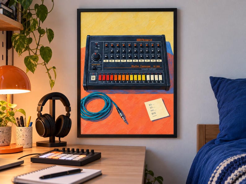 Op de afbeelding: Een ingelijste kunstdruk met een zwarte Roland TR-808 Rhythm Composer drumcomputer met een rij kleurrijke stappentoetsen, een opgerolde blauwe audiokabel en een klein geel memoblaadje met handgeschreven tekst op een oranje en gele achtergrond.