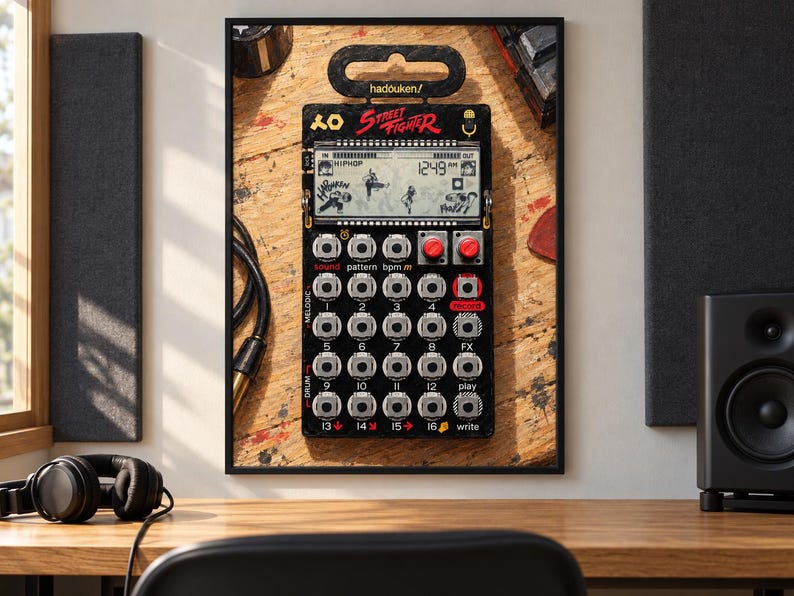 May include: A black Street Fighter themed pocket synthesiser featuring a digital display, a grid of sixteen numbered buttons, two red knobs, and various control labels. The device includes the text hadouken/ and Street Fighter printed on the front.