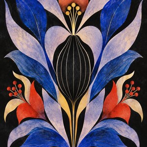 May include: A symmetrical botanical illustration on a black background featuring a central dark oval shape with thin white lines, surrounded by layered blue and light purple leaves, topped with a red circle and yellow stamens, and two red flowers.