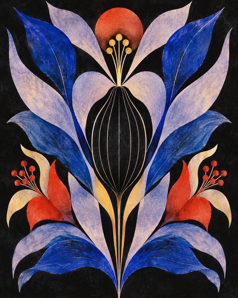 May include: A symmetrical botanical illustration on a black background featuring a central dark oval shape with thin white lines, surrounded by layered blue and light purple leaves, topped with a red circle and yellow stamens, and two red flowers.