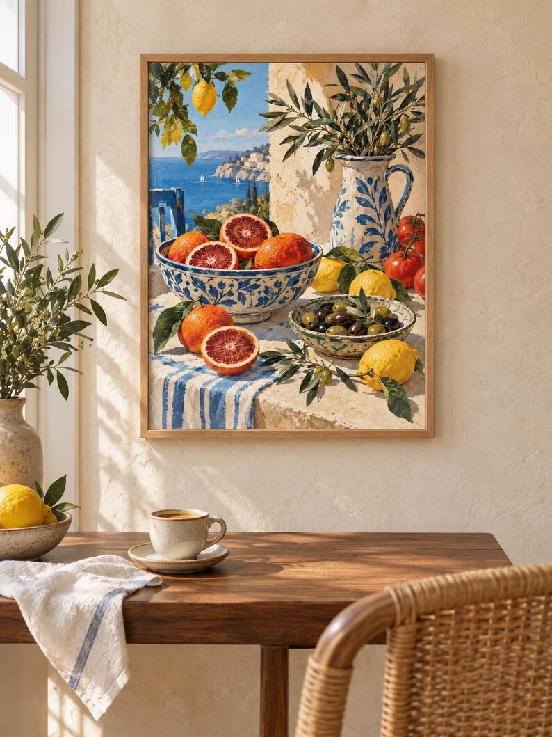 Op de afbeelding: Een ingelijste kunstdruk met een mediterrane kustsc&egrave;ne, voorzien van een blauw-wit patroonkom gevuld met bloedsinaasappels, een bijpassende kan met olijftakken, een kom met olijven en citroenen op een blauw-wit gestreepte doek.