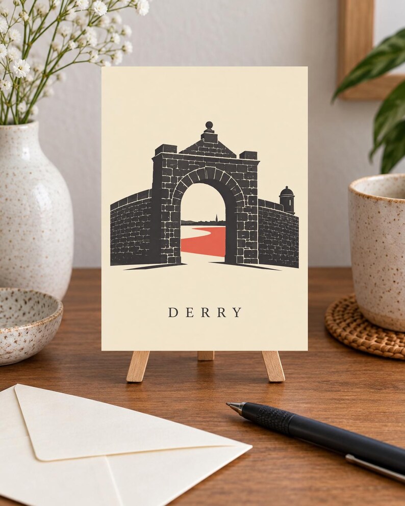 May include: A rectangular print on a small wooden easel featuring a black graphic illustration of a stone archway and city walls. The word DERRY is printed in black capital letters below the arch, with a red path visible through the opening.