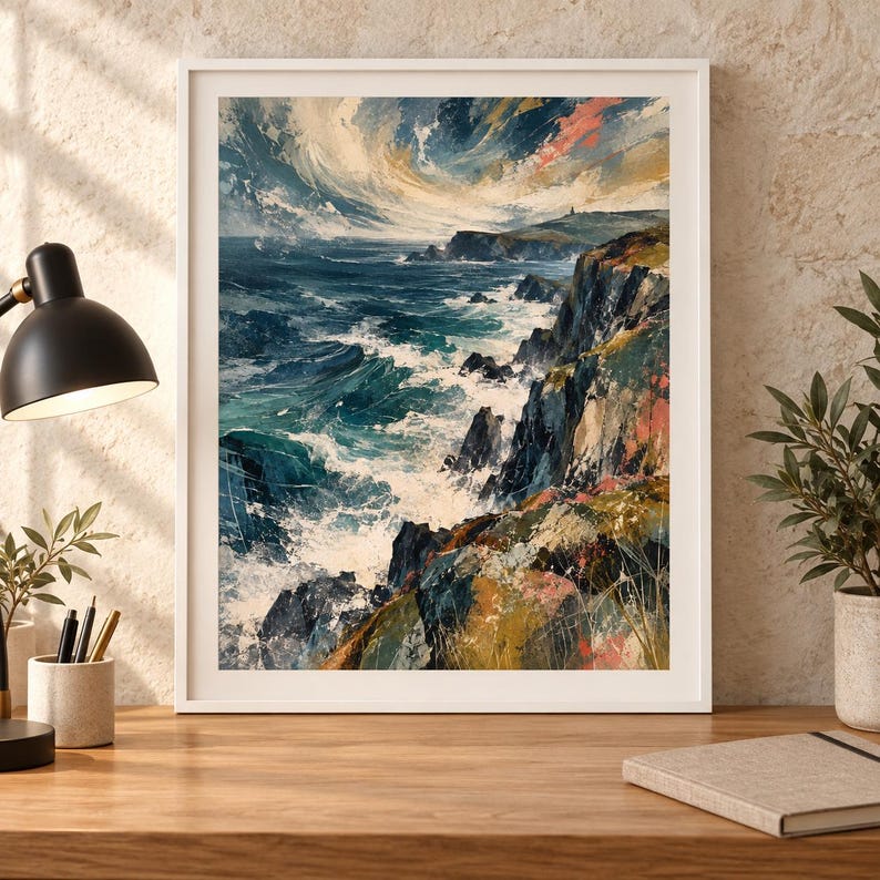 May include: A framed wall art print featuring an expressive oil painting of a rugged coastline. The scene depicts dark blue ocean waves crashing against steep, rocky cliffs under a dramatic, swirling sky with hints of gold and pink tones.