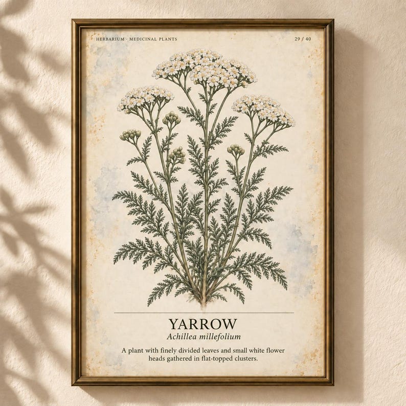 Puede incluir: Una l&aacute;mina bot&aacute;nica enmarcada que muestra una planta de milenrama con hojas verdes finamente divididas y racimos de peque&ntilde;as flores blancas. El texto dice HERBARIUM MEDICINAL PLANTS 29/40, YARROW, Achillea millefolium y una descripci&oacute;n.