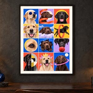 May include: A framed wall art print featuring a grid of twelve colourful squares, each displaying a Labrador retriever in various poses, including wearing blue sunglasses, jumping through a hoop, and interacting with a red ball and a crown graphic.