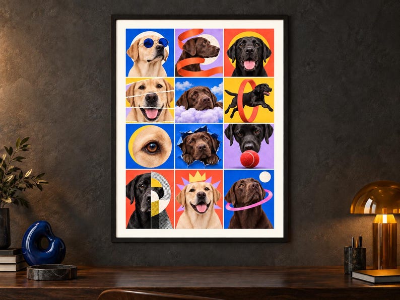 May include: A framed wall art print featuring a grid of twelve colourful squares, each displaying a Labrador retriever in various poses, including wearing blue sunglasses, jumping through a hoop, and interacting with a red ball and a crown graphic.