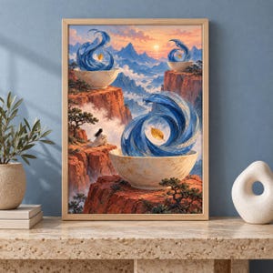 Pode incluir: Uma impress&atilde;o de arte emoldurada retratando uma paisagem surreal com tr&ecirc;s tigelas brancas em penhascos rochosos vermelhos. Cada tigela cont&eacute;m um v&oacute;rtice de &aacute;gua azul e uma &uacute;nica folha dourada. Uma pequena figura senta-se na borda do penhasco.