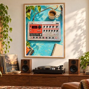 Puede incluir: Una impresi&oacute;n de arte mural enmarcada que muestra una caja de ritmos Korg Electribe ER-1 sobre una superficie azul brillante texturizada, acompa&ntilde;ada de una taza de caf&eacute;, una planta en maceta y un cuaderno de espiral, junto a un tocadiscos y altavoces.