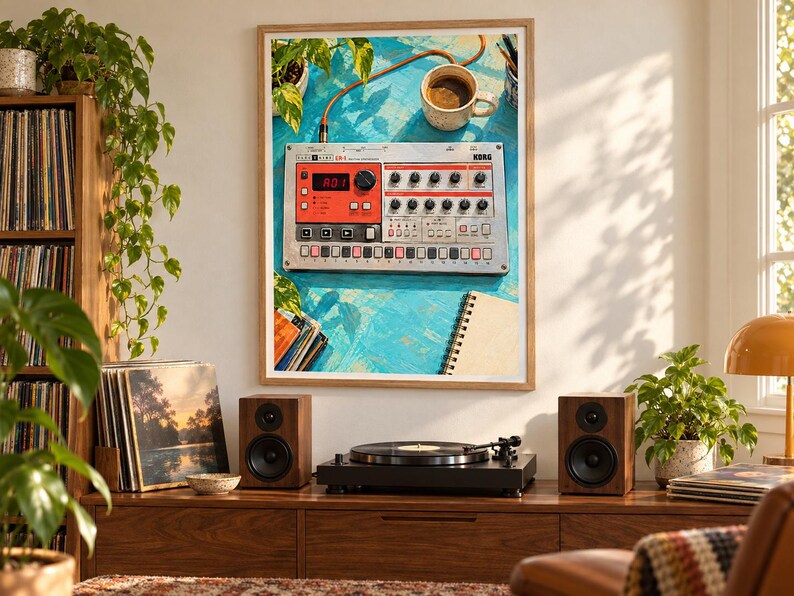 Puede incluir: Una impresi&oacute;n de arte mural enmarcada que muestra una caja de ritmos Korg Electribe ER-1 sobre una superficie azul brillante texturizada, acompa&ntilde;ada de una taza de caf&eacute;, una planta en maceta y un cuaderno de espiral, junto a un tocadiscos y altavoces.