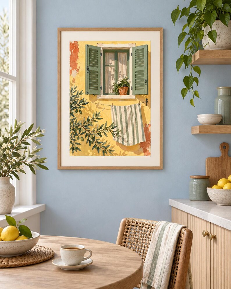 May include: A framed wall art print depicting a yellow Mediterranean building facade with open green shutters, a potted plant on the windowsill, and a striped towel hanging on a clothesline, with olive tree branches casting shadows on the wall.