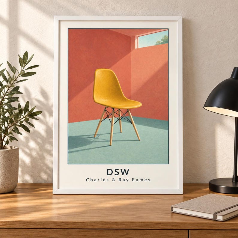 Op de afbeelding: Een ingelijste kunstdruk met een gele Eames DSW stoel in een kamer met koraalkleurige muren en een lichtblauwe vloer. De tekst DSW en Charles & Ray Eames staat in het zwart onderaan de rechthoekige print met een witte rand.