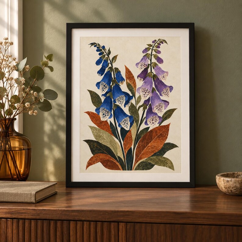以下が含まれることがあります： 青と紫のベル型の花が咲く2本の高い茎を描いた額入りボタニカルプリント。どちらの花も内側は白く斑点があり、濃い緑色と錆びたオレンジ色の大きな尖った葉に囲まれています。植物の繊細なディテールが特徴的なアート作品です。