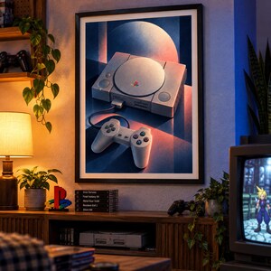 May include: A framed wall art print featuring a gray PlayStation 1 console and controller set against a stylized background with a large circular shape, rendered in shades of blue, orange, and purple with a retro aesthetic.