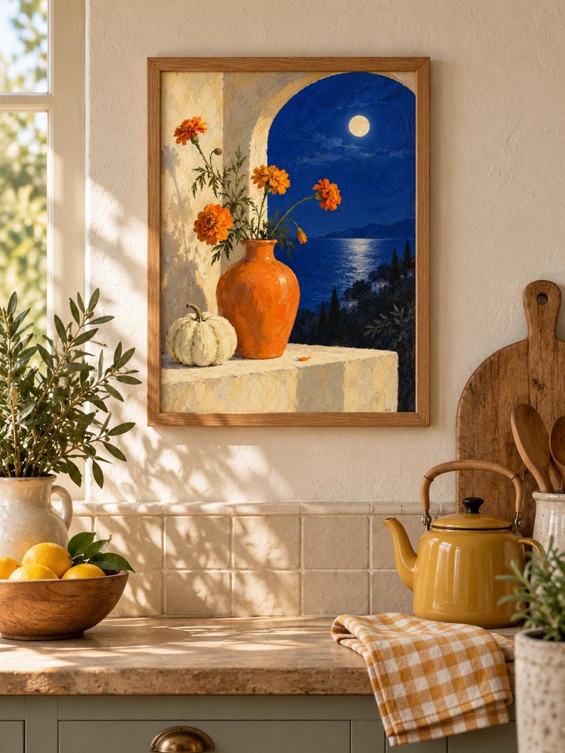 Puede incluir: Una l&aacute;mina de arte enmarcada que representa una escena nocturna con luna llena sobre un mar azul oscuro. En primer plano, un jarr&oacute;n de cer&aacute;mica naranja contiene flores de cal&eacute;ndula de color naranja brillante junto a una calabaza blanca.