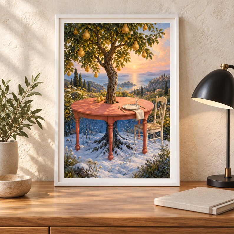 K&ouml;nnte beinhalten: Ein gerahmter Kunstdruck, der eine surreale Szene zeigt, in der ein gro&szlig;er Birnbaum durch die Mitte eines runden, rot-orangen Holztisches w&auml;chst. Ein einzelner Stuhl steht am Tisch, der mit einem Teller, einer Gabel und einer Serviette gedeckt ist, alles in einer verschneiten Landschaft mit Blick auf einen K&uuml;stensonnenuntergang.