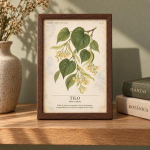Puede incluir: Una l&aacute;mina bot&aacute;nica enmarcada con una ilustraci&oacute;n de Tilia cordata con hojas verdes y flores amarillas sobre fondo crema. El texto dice HERBARIO PLANTAS MEDICINALES, TILO, Tilia cordata y una frase descriptiva en espa&ntilde;ol.