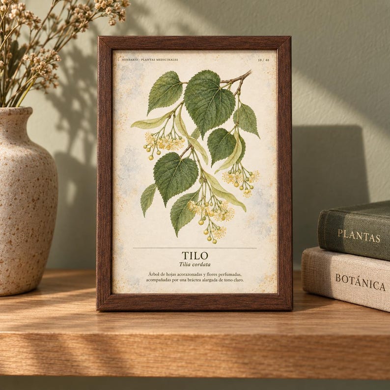Puede incluir: Una l&aacute;mina bot&aacute;nica enmarcada con una ilustraci&oacute;n de Tilia cordata con hojas verdes y flores amarillas sobre fondo crema. El texto dice HERBARIO PLANTAS MEDICINALES, TILO, Tilia cordata y una frase descriptiva en espa&ntilde;ol.