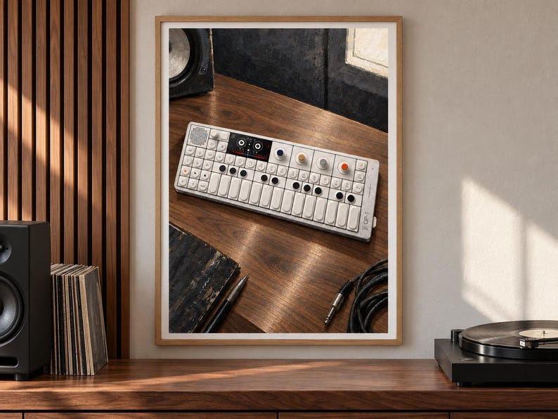 May include: A white portable synthesiser with a rectangular body, a small screen, multiple black and coloured circular knobs, and a white keyboard layout. The device features the text OP-1 printed on the right side of the chassis.