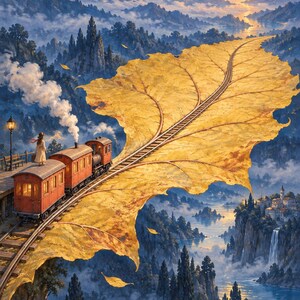 May include: A surreal illustration of a vintage orange steam train traveling along tracks laid upon a giant golden autumn leaf. The train moves through a mountainous landscape with a sunset, a waterfall, and a small village in the distance.
