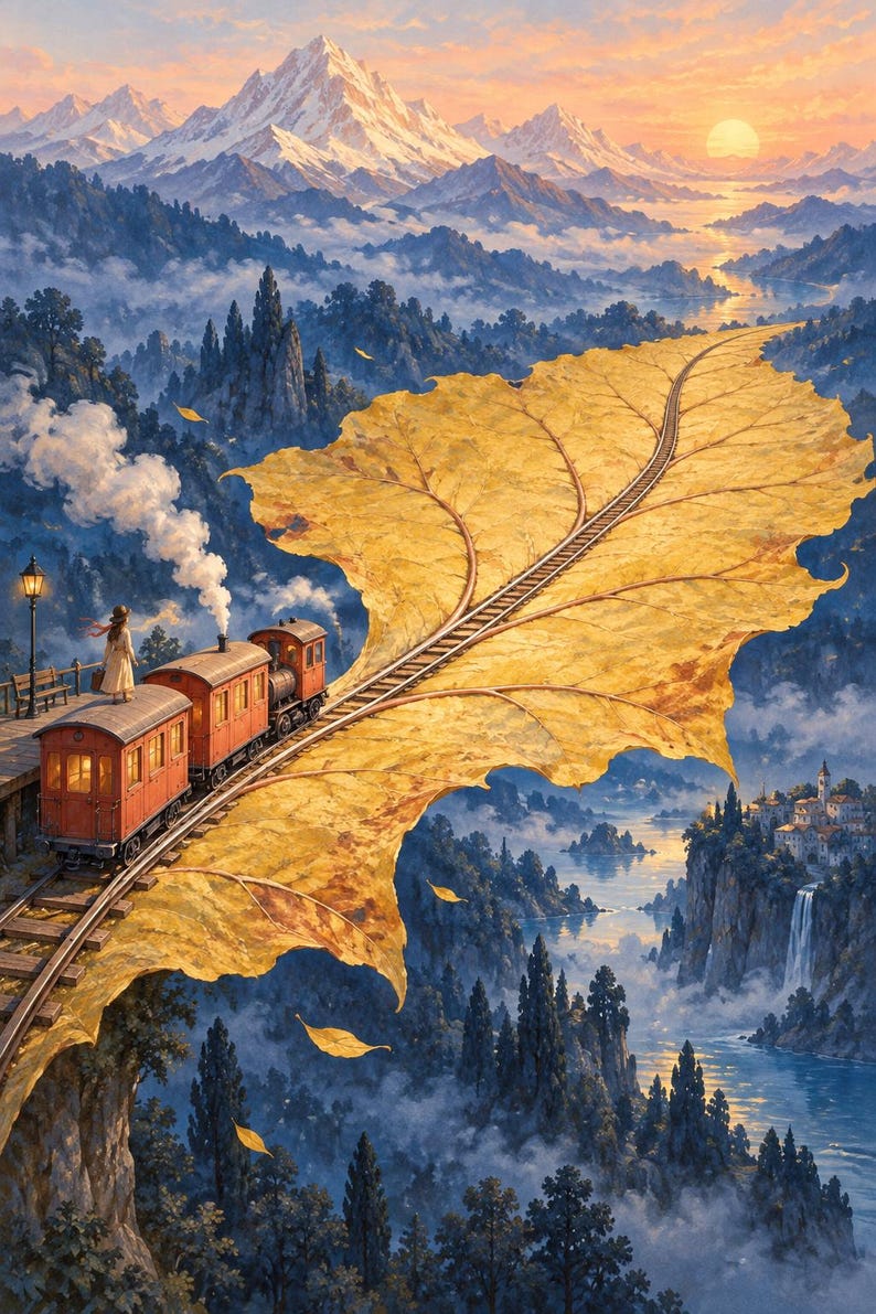 May include: A surreal illustration of a vintage orange steam train traveling along tracks laid upon a giant golden autumn leaf. The train moves through a mountainous landscape with a sunset, a waterfall, and a small village in the distance.