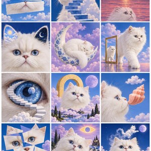 May include: A collage of twelve surreal images featuring a fluffy white cat with blue eyes in various dreamlike settings, including clouds, a blue staircase, a crescent moon, a mirror, a seashell, and a floral teacup against a blue sky.